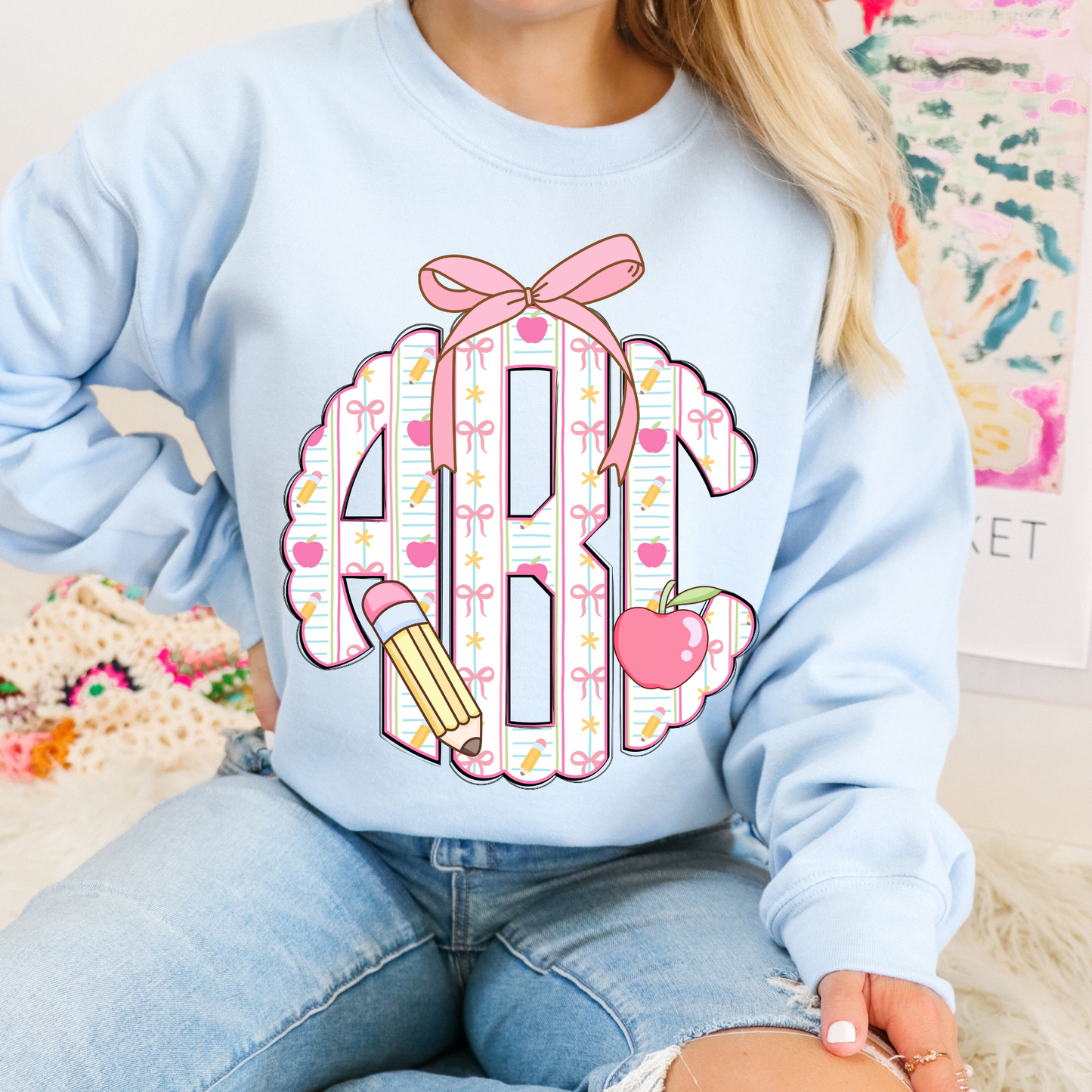 Pink Coquette Apple & Pencil- Custom Monogram Transfer