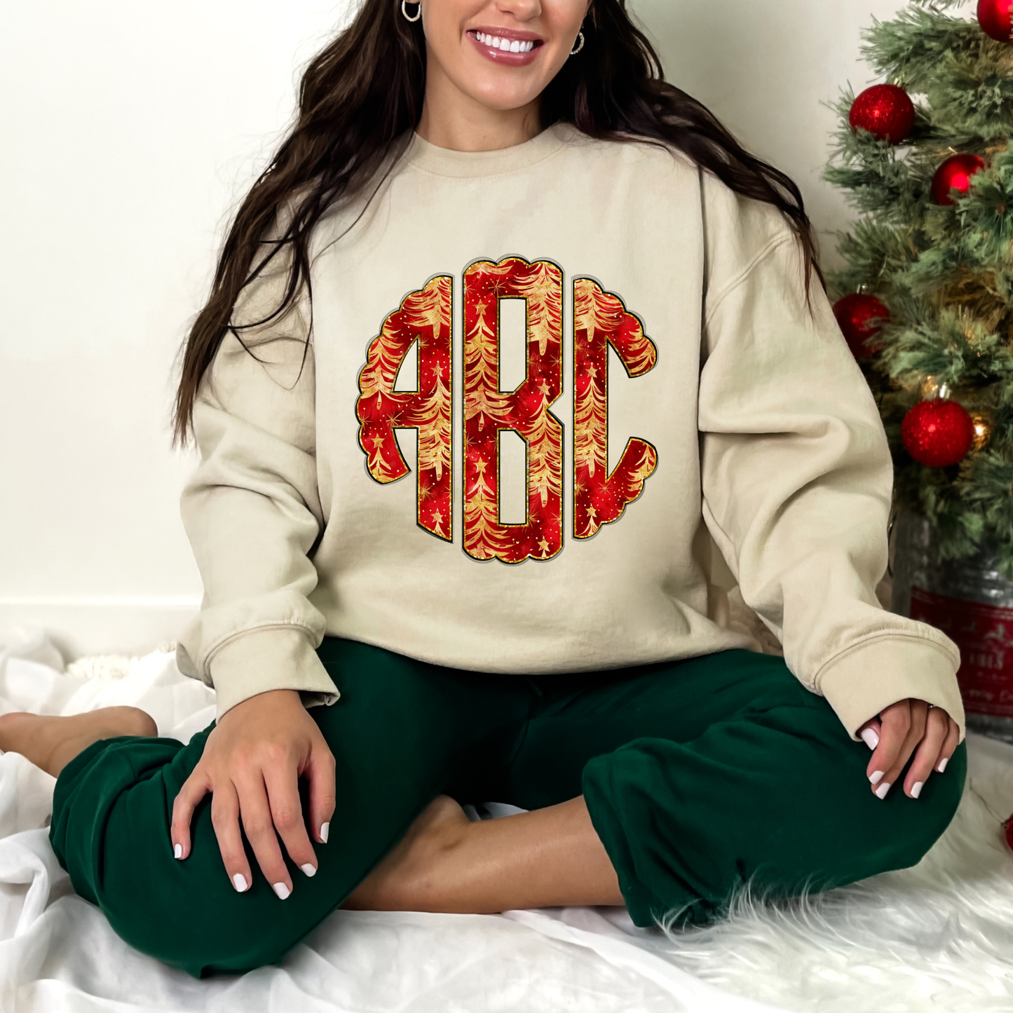 Red & Gold Christmas Tree - Custom Monogram Transfer