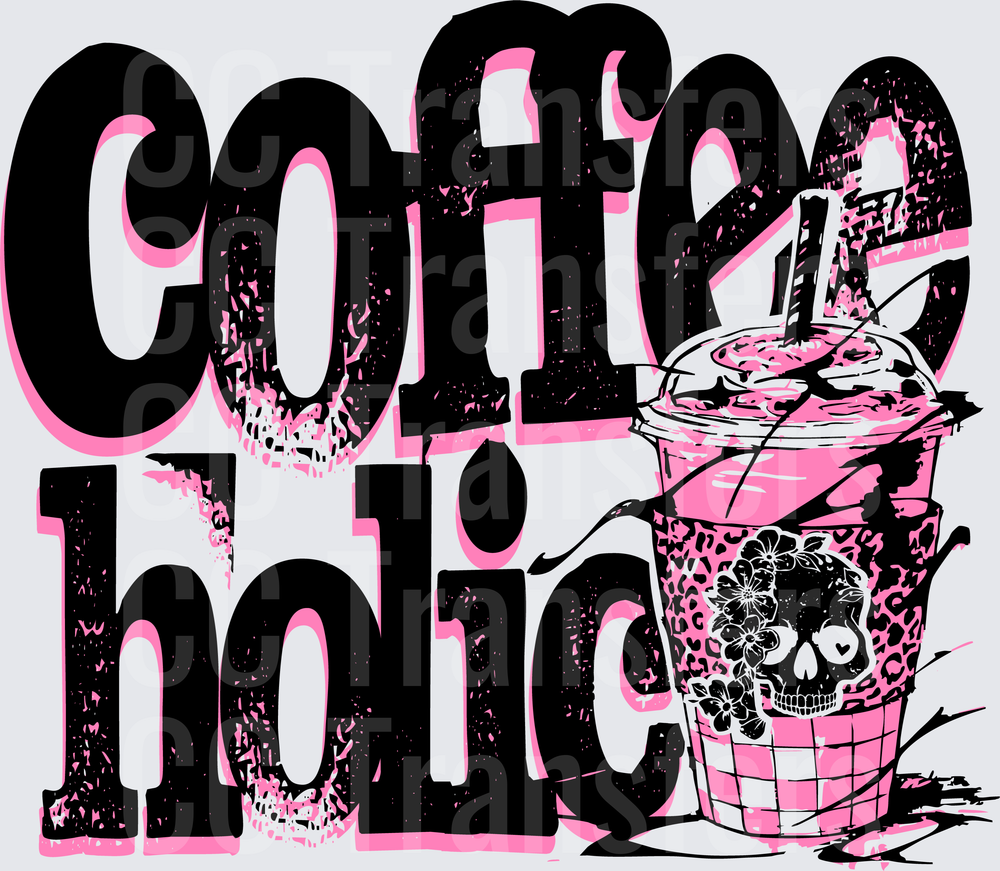Coffeeholic Bold Pink Black Iced Cup Sugar Skull (DTF)