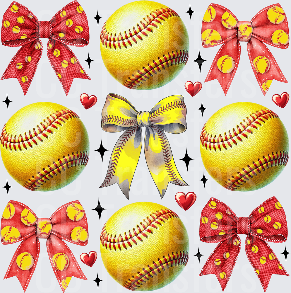 Softball Bows Hearts Sparkle Pattern Collage (DTF)