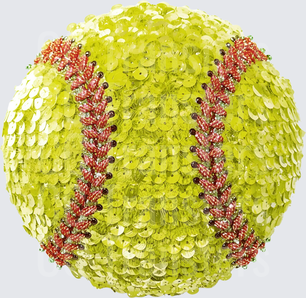 Sequin Glitter Softball Yellow Green Red Stitching (DTF)