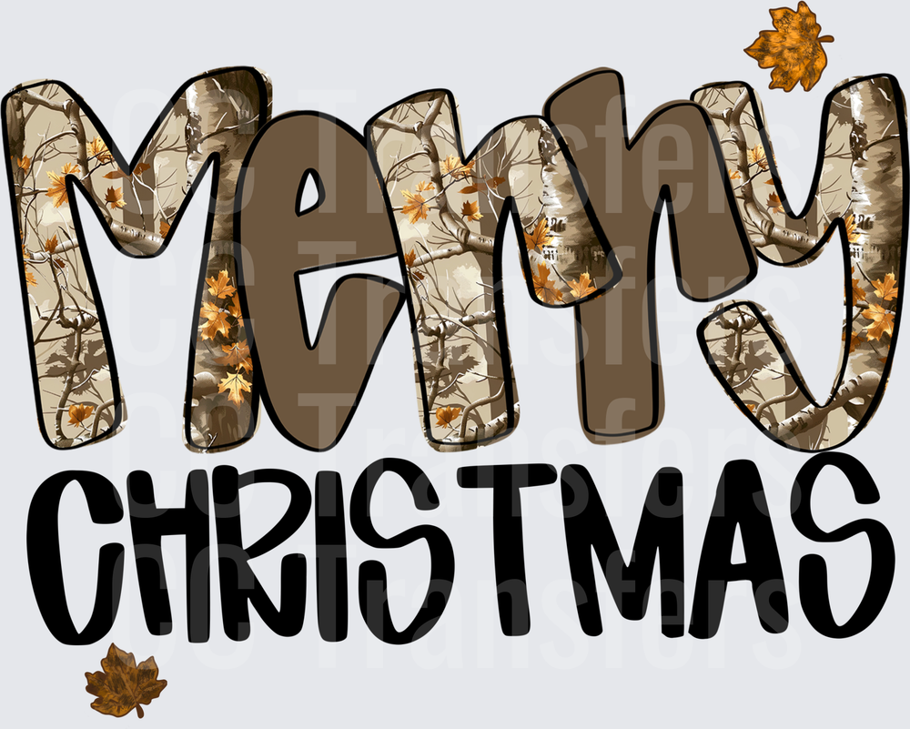 Merry Christmas Camo Tree Bark Leaves Typography (DTF)