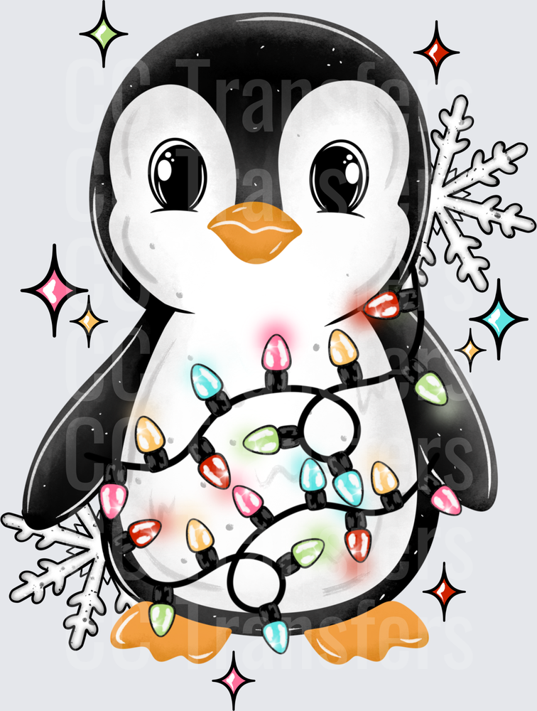 Cute Penguin Wrapped in Christmas Lights Snowflakes (DTF)