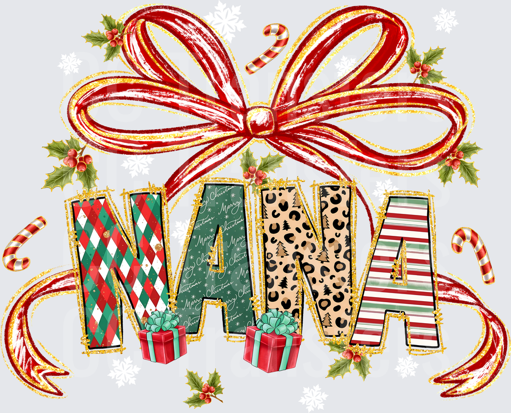 Christmas Nana Patterned Letters Red Bow Holly Design (DTF)