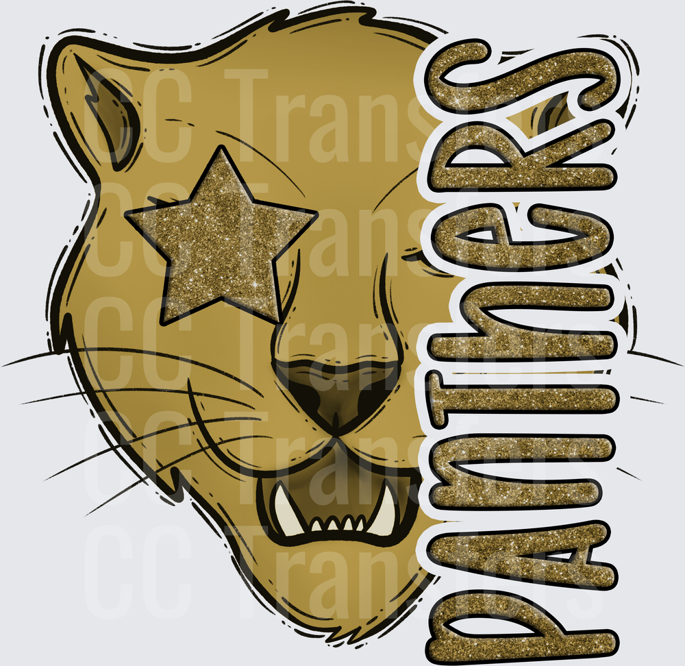 Gold Glitter Star-Eyed Panther Head with Panthers Text (DTF)