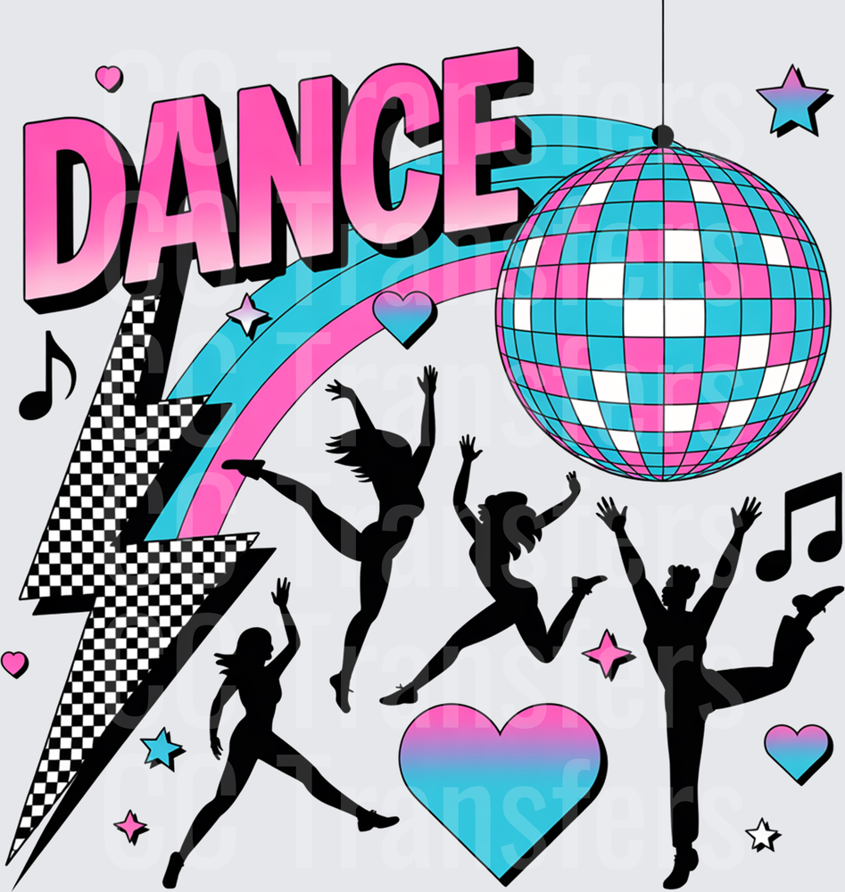 Dance Silhouettes Disco Ball Rainbow Bolt Pink Blue (DTF)