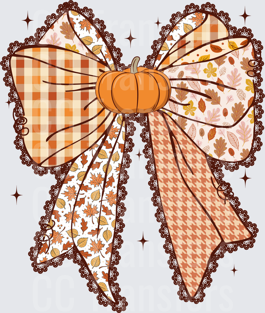 Fall Patchwork Bow with Pumpkin Center and Autumn Leaves (DTF)