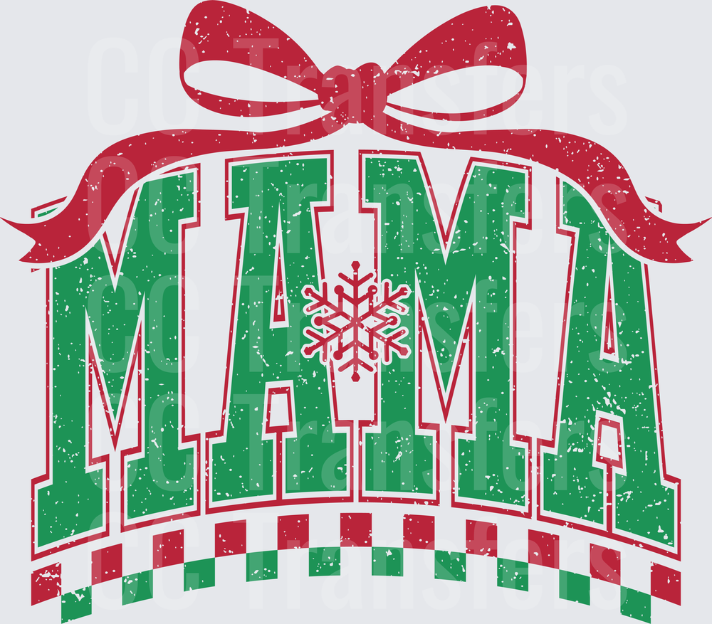 Christmas Mama Bold Letter Red Bow Snowflake Checker (DTF)