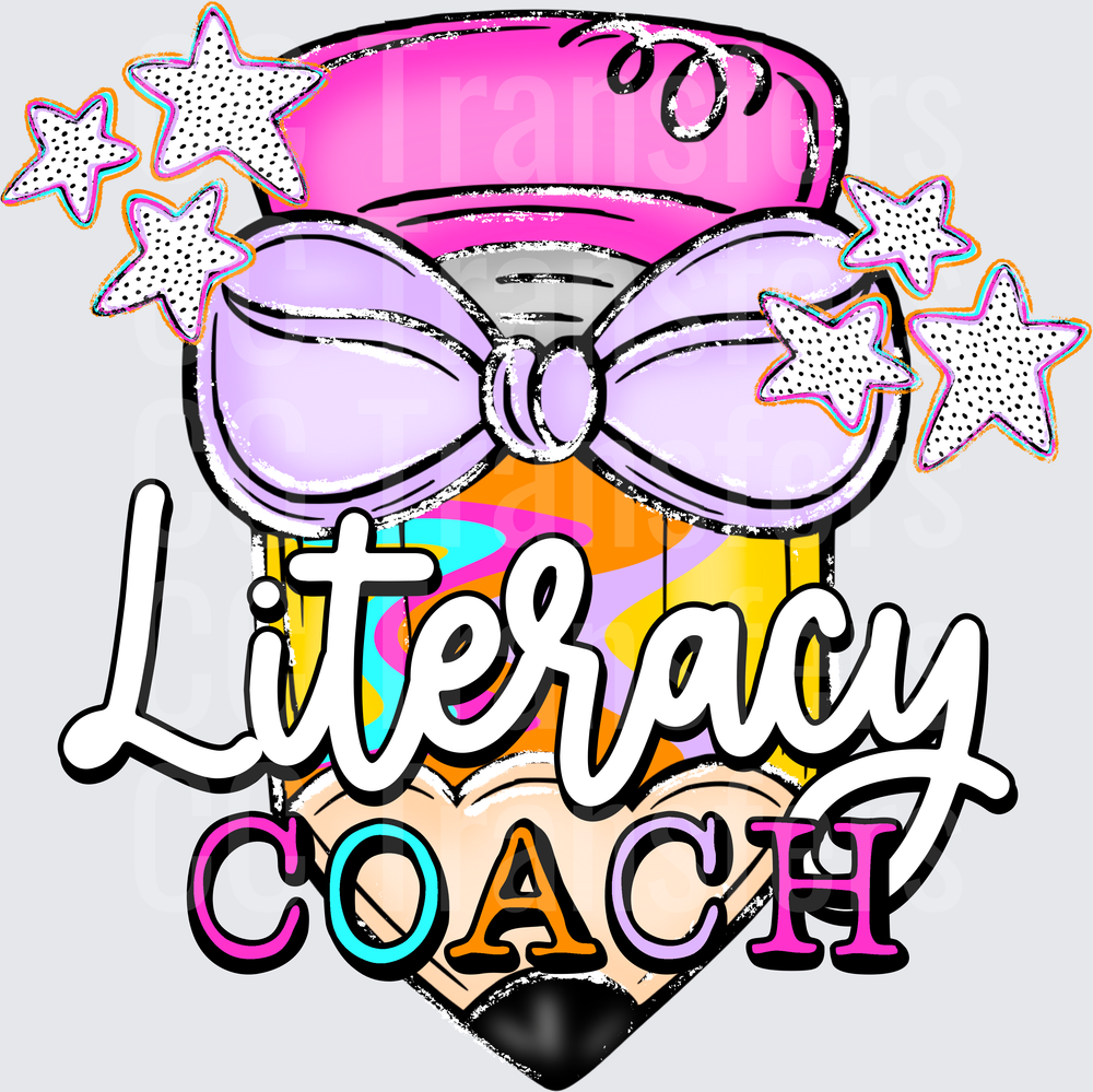 Literacy Coach Pencil Pink Bow Colorful Stars (DTF)