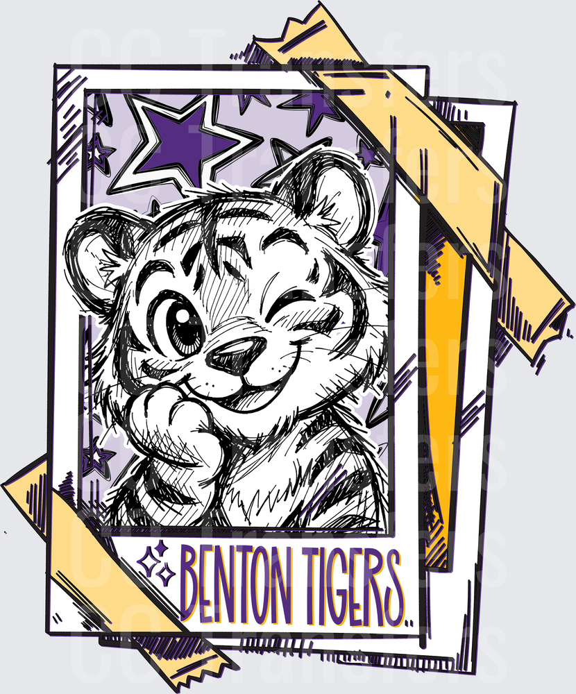 Benton Tigers Cute Cartoon Tiger Sketch Card Purple Gold (DTF)