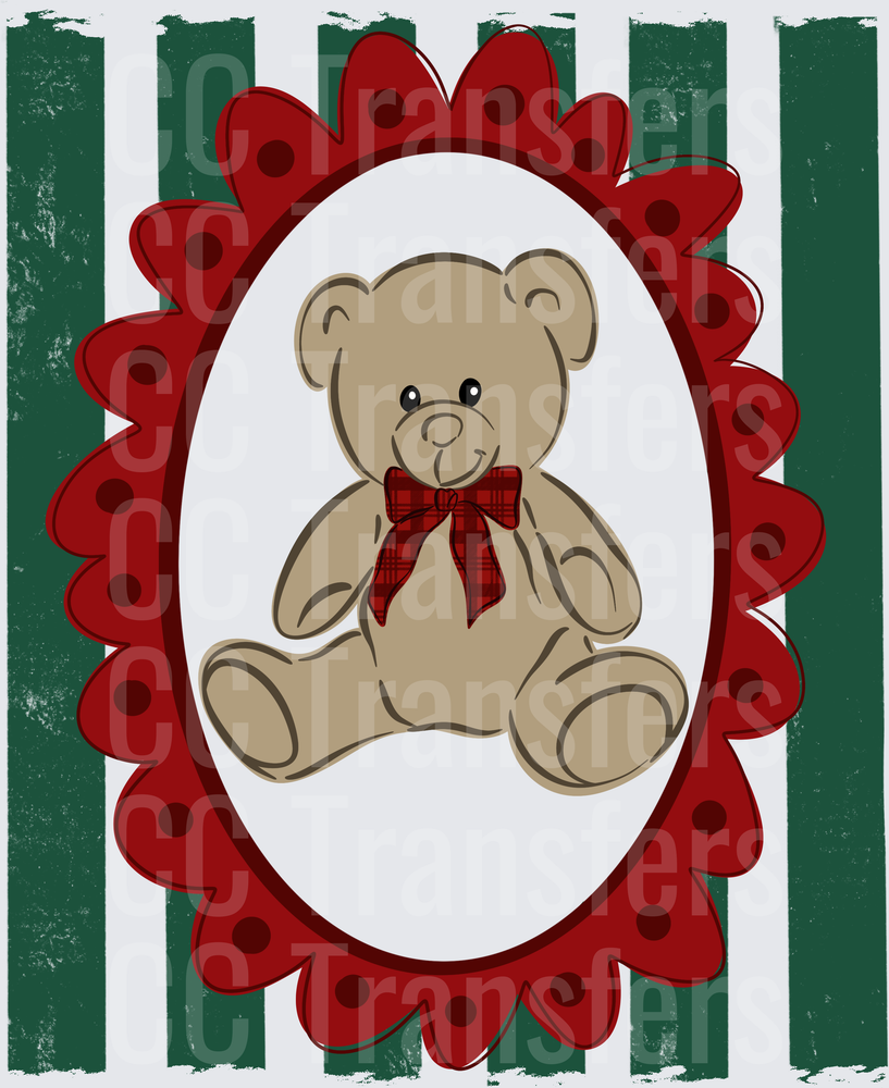 Vintage Christmas Teddy Bear Red Scallop Oval Frame (DTF)