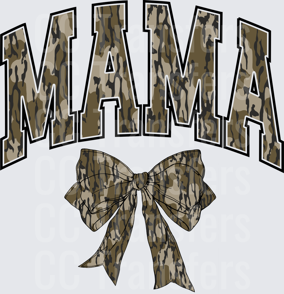 Camo Mama Arched Bold Letters with Camo Bow (DTF)