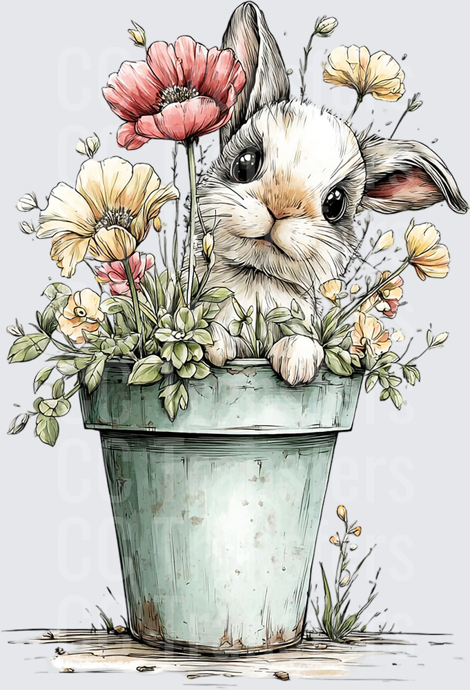 Cute Bunny Peeking Out of Rustic Flower Pot (DTF)