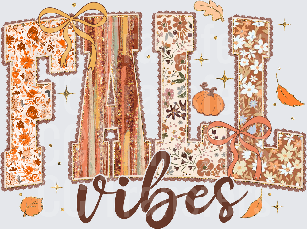 Fall Vibes Floral Patchwork Letters Pumpkin Bow Design (DTF)