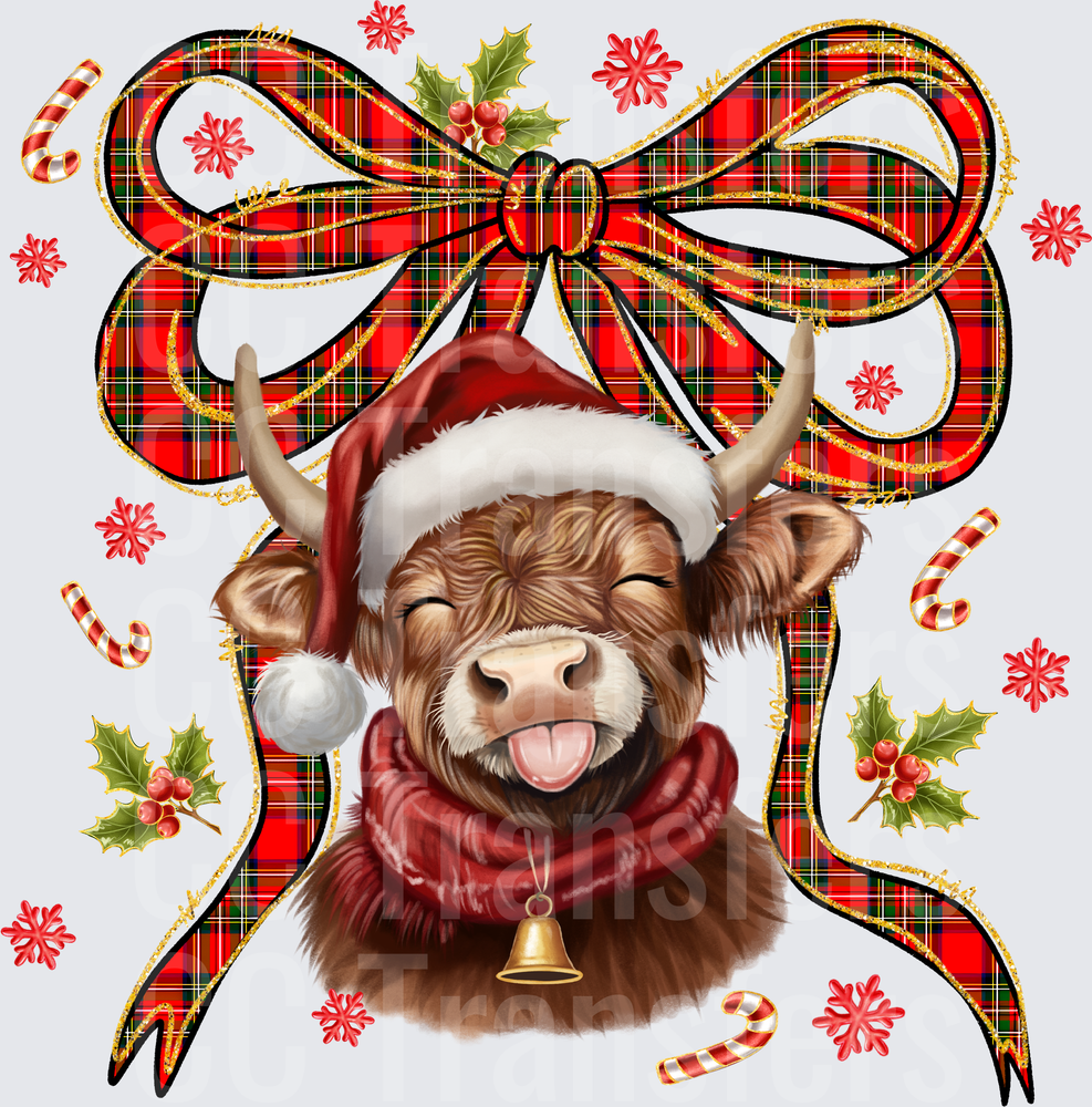 Cute Highland Cow Santa Hat Plaid Christmas Bow (DTF)