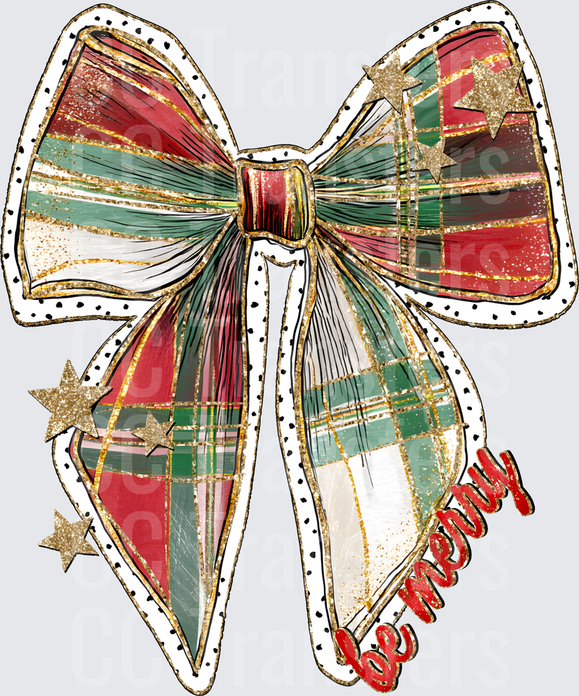 Be Merry Christmas Plaid Bow with Gold Stars (DTF)