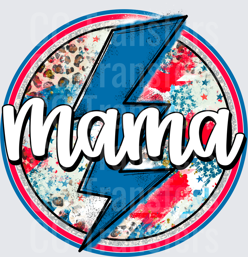 Mama Lightning Bolt Red White Blue Leopard Stars Circle (DTF)