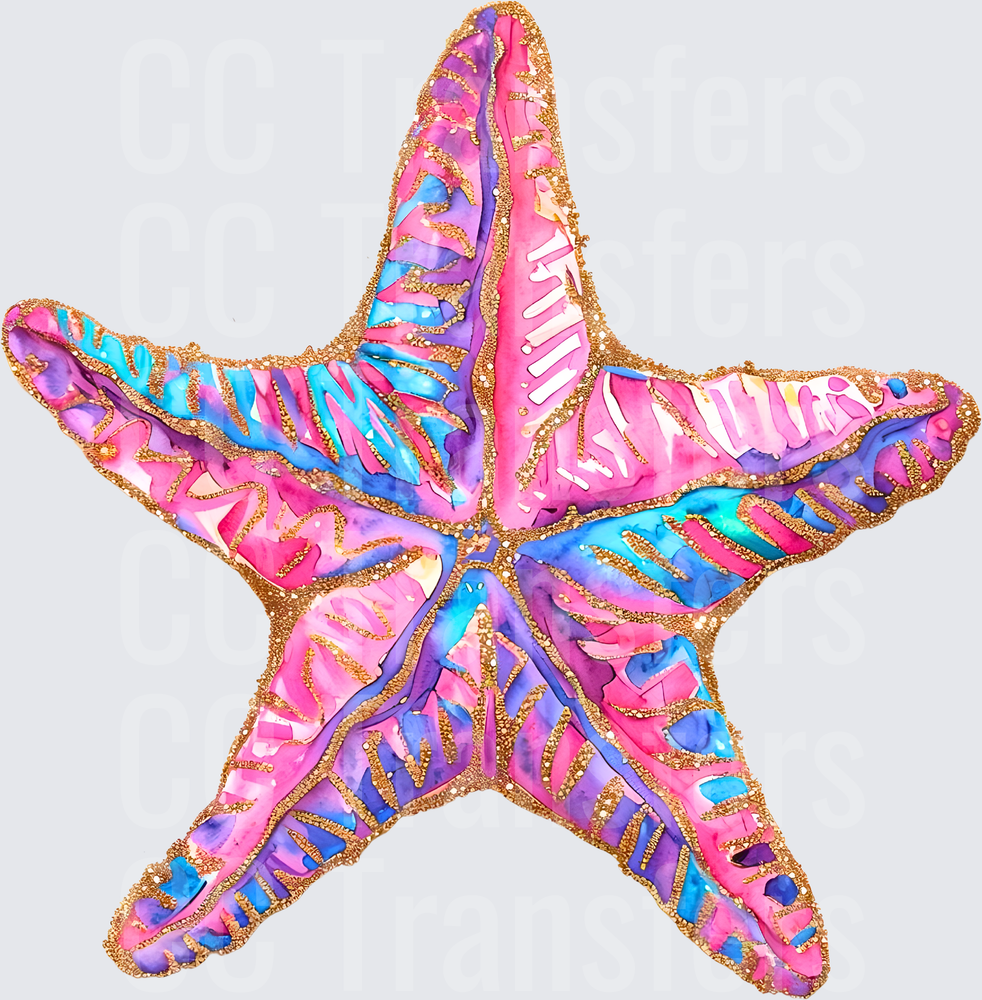 Colorful Watercolor Starfish with Gold Glitter Detail (DTF)