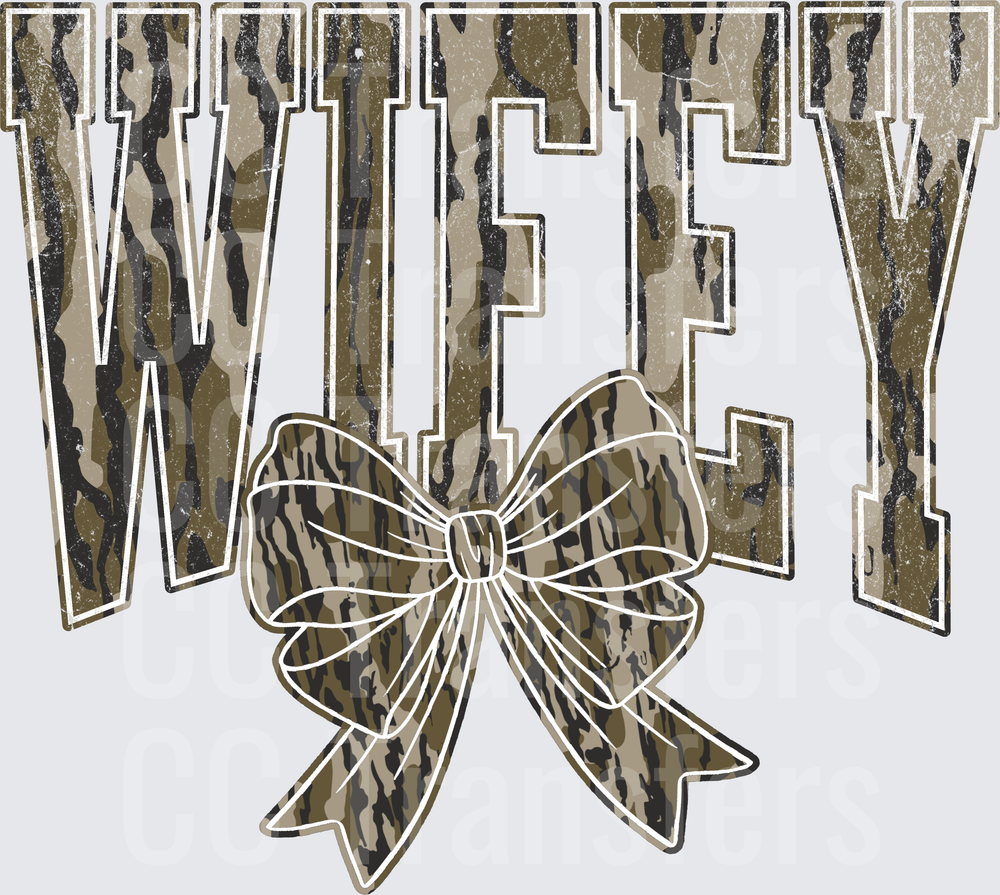 Wifey Camo Bold Letters with Bow Distressed (DTF)