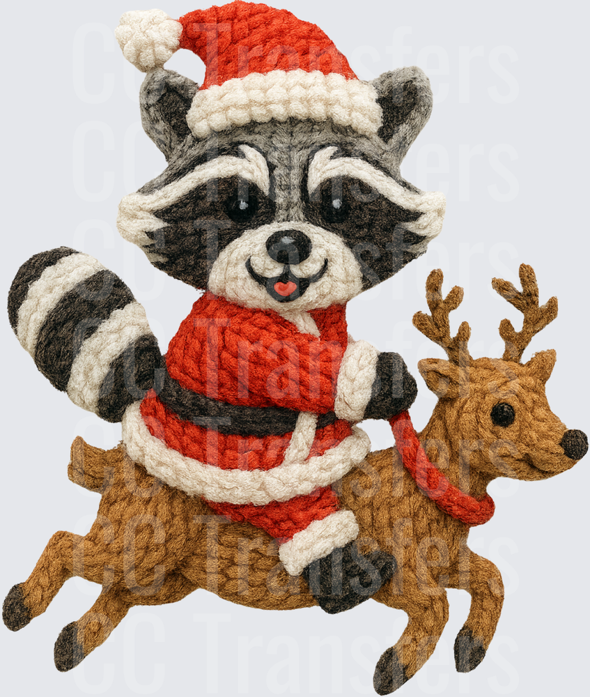 Crochet Style Santa Raccoon Riding Reindeer (DTF)