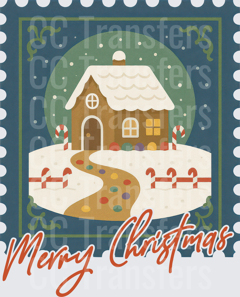 Merry Christmas Vintage Stamp Gingerbread House Snow (DTF)