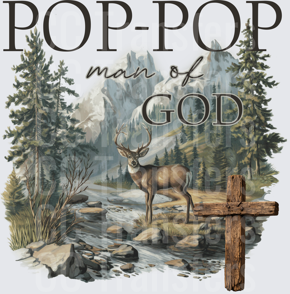 Pop-Pop Man of God Deer Mountain Scene Wooden Cross (DTF)