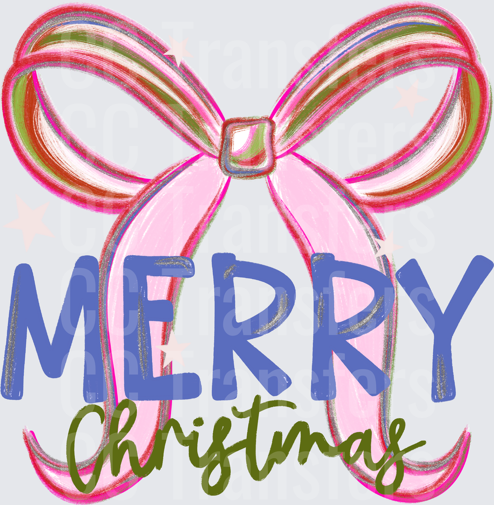 Merry Christmas Pink Ribbon Bow Stars Holiday (DTF)