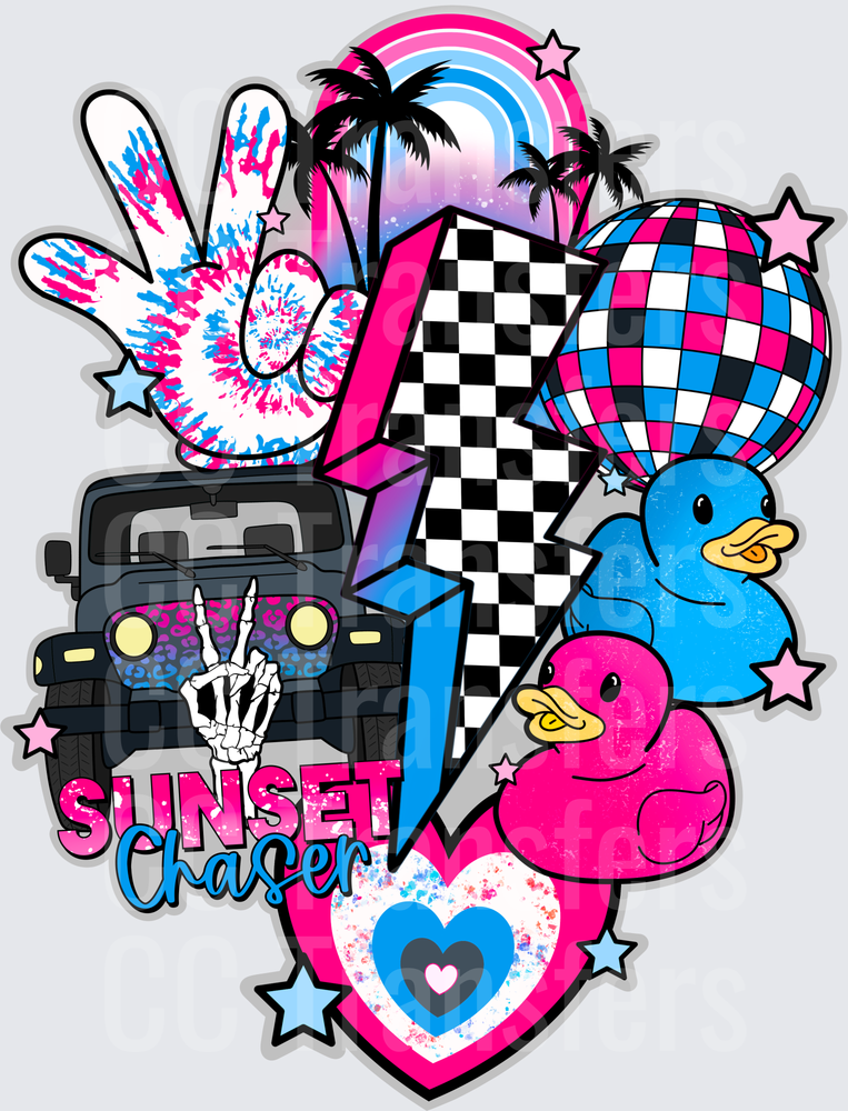 Sunset Chaser Jeep Duck Checkered Lightning Bolt (DTF)
