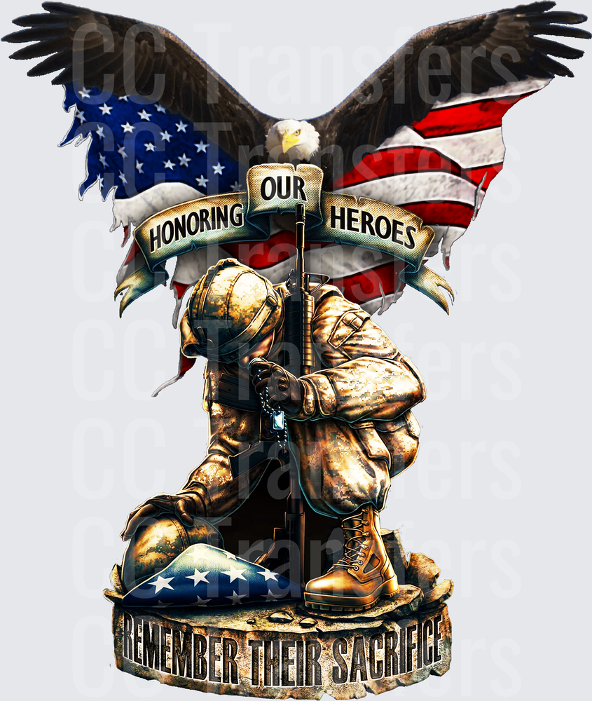 Honoring Our Heroes Kneeling Soldier Bald Eagle Flag DTF