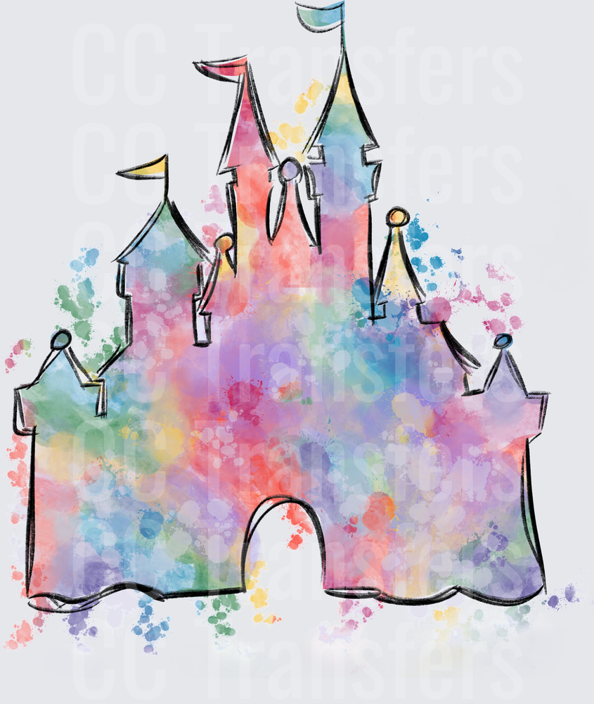 Watercolor Fairytale Castle with Colorful Paint Splashes (DTF)