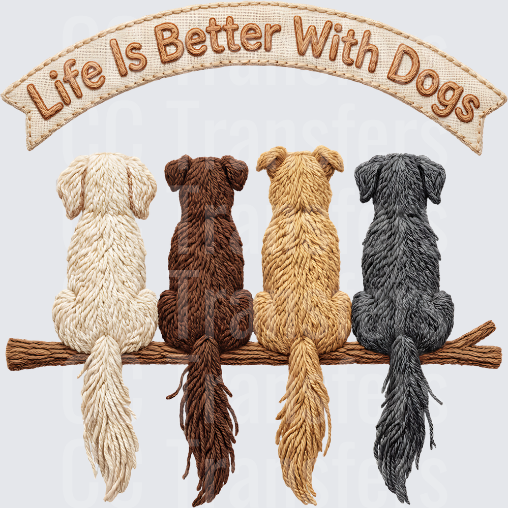 Life Is Better With Dogs Embroidery Style Four Dogs (DTF)