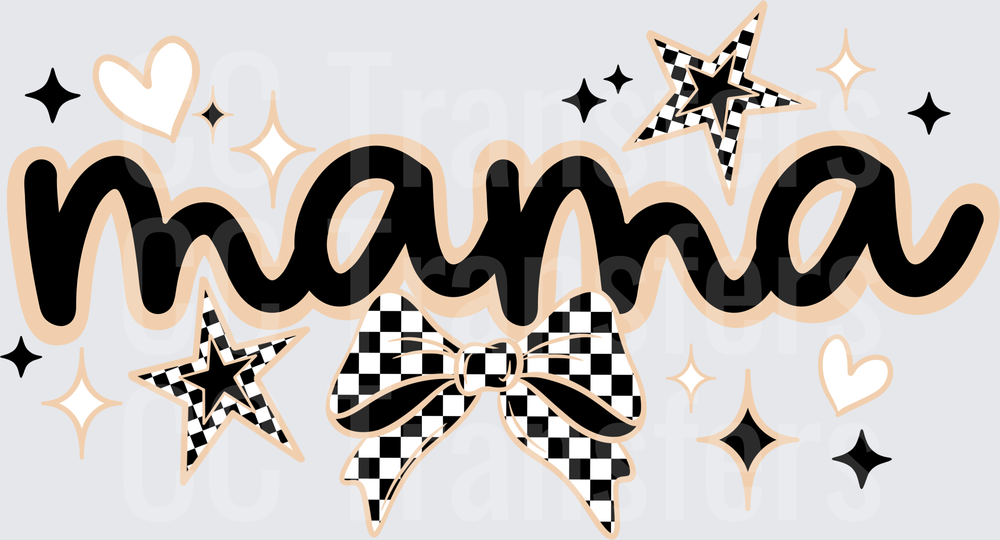 Mama Script Checkered Bow Stars Hearts Design (DTF)
