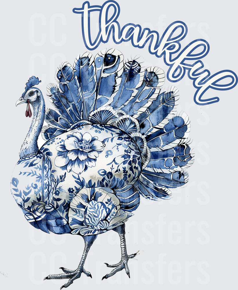 Thankful Blue Delft Floral Watercolor Turkey (DTF)