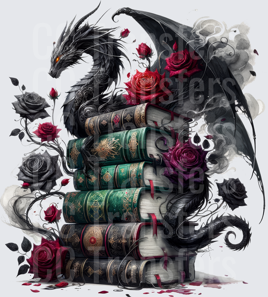 Dark Dragon Coiled Around Ornate Books with Red Roses (DTF)