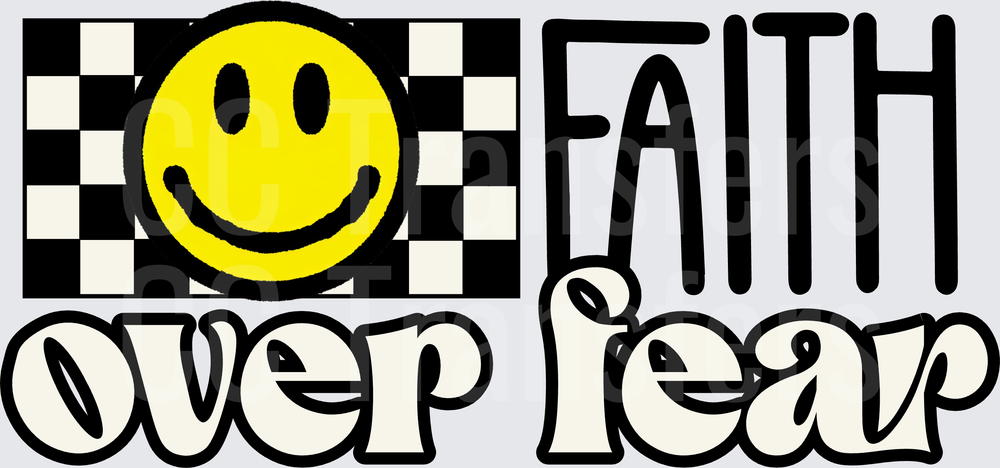 Faith Over Fear Yellow Smiley Checkered Retro Design (DTF)