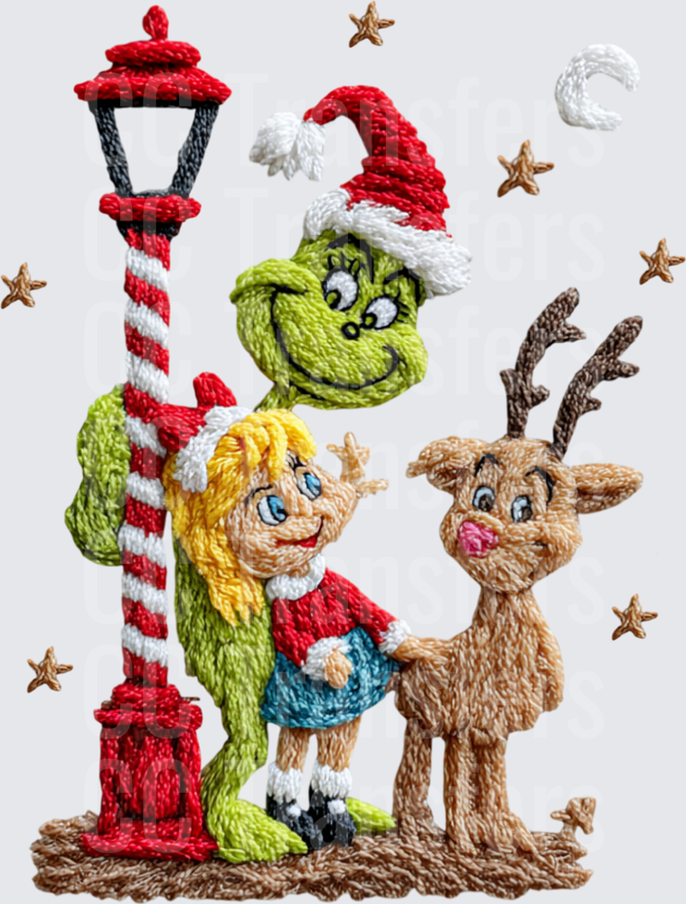 Embroidered Style Green Holiday Character With Girl And Reindeer By Lamp Post (DTF)