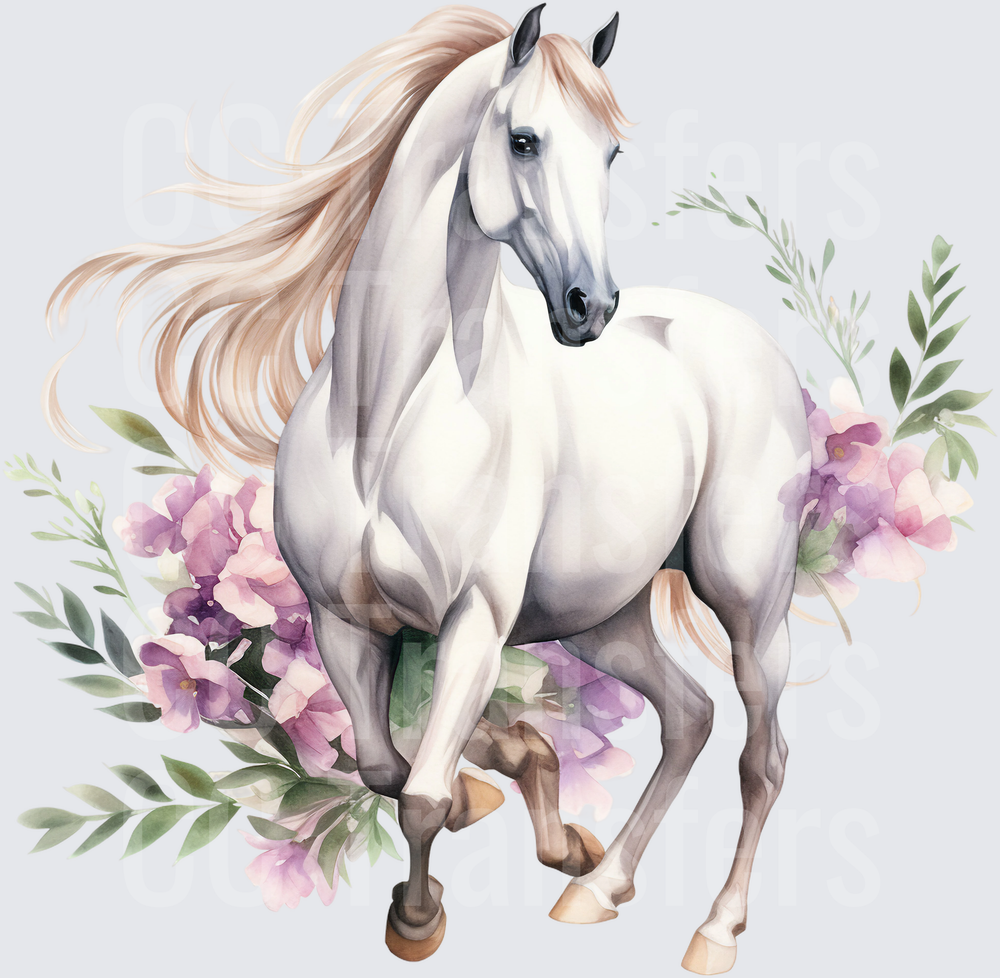 Watercolor White Horse Flowing Mane Purple Florals (DTF)