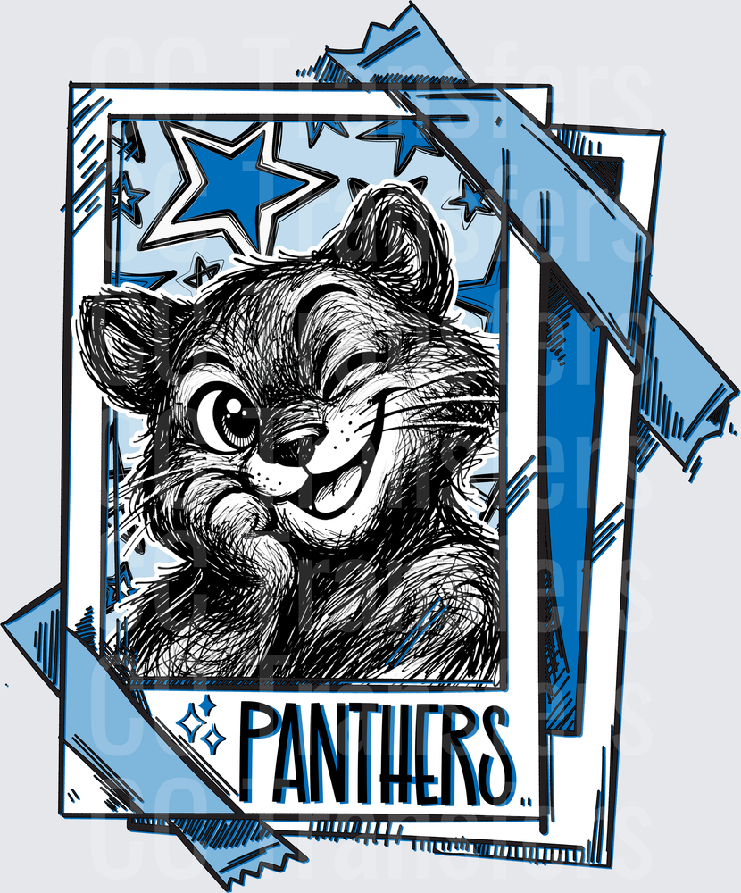 Smirking Panther Mascot Sketch Blue Stars Polaroid (DTF)