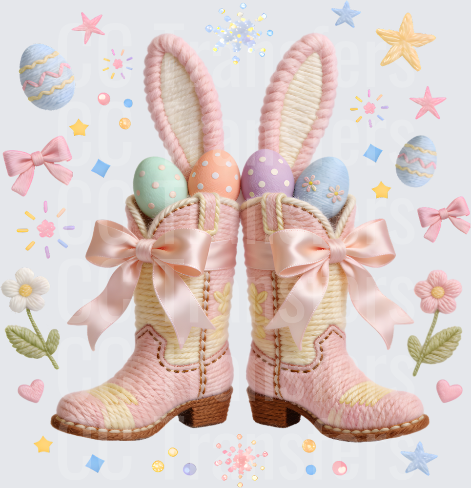 Pastel Pink Cowboy Boots Bunny Ears Easter Eggs Bows (DTF)