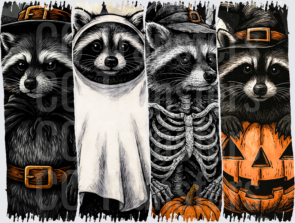 Four Halloween Raccoons Witch Ghost Skeleton Pumpkin (DTF)