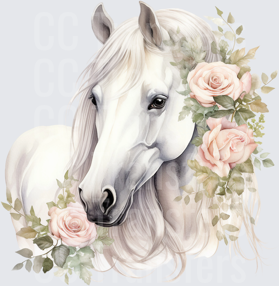 Watercolor White Horse with Blush Pink Roses (DTF)