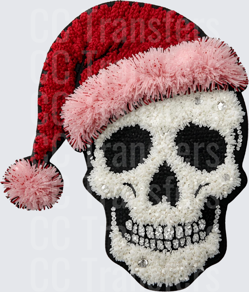 Bedazzled Santa Hat Skull Sequin Embroidered Style (DTF)