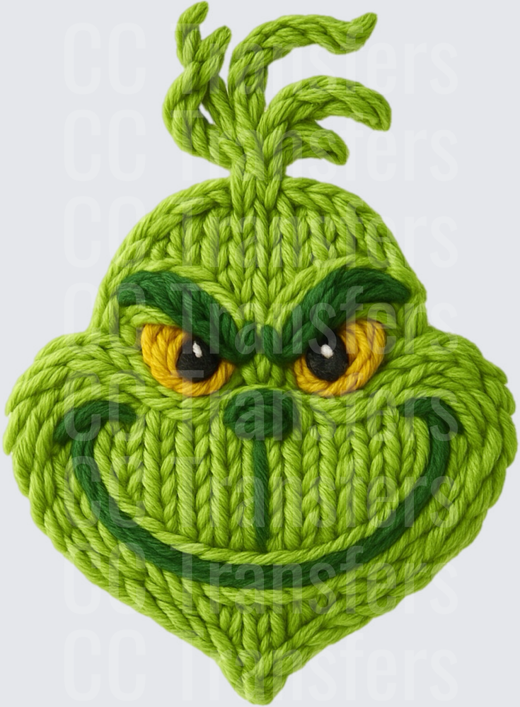 Grumpy Green Yarn Knit Monster Face Christmas (DTF)