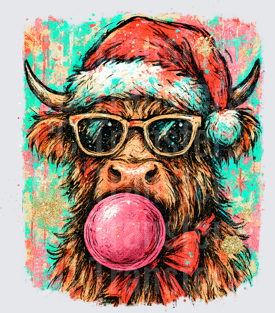 Cool Highland Cow Santa Hat Sunglasses Bubblegum (DTF)