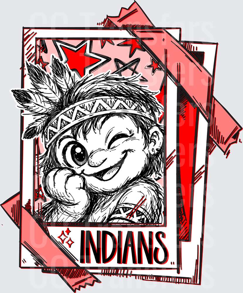 Indians Mascot Cartoon Sketch Polaroid Red Stars (DTF)