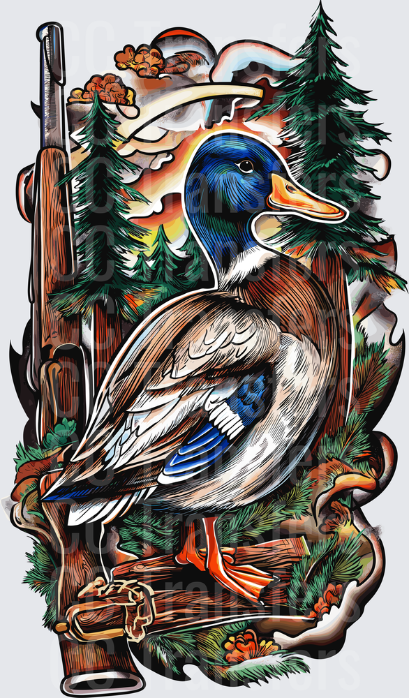 Mallard Duck Shotgun Pine Trees Hunting Scene (DTF)