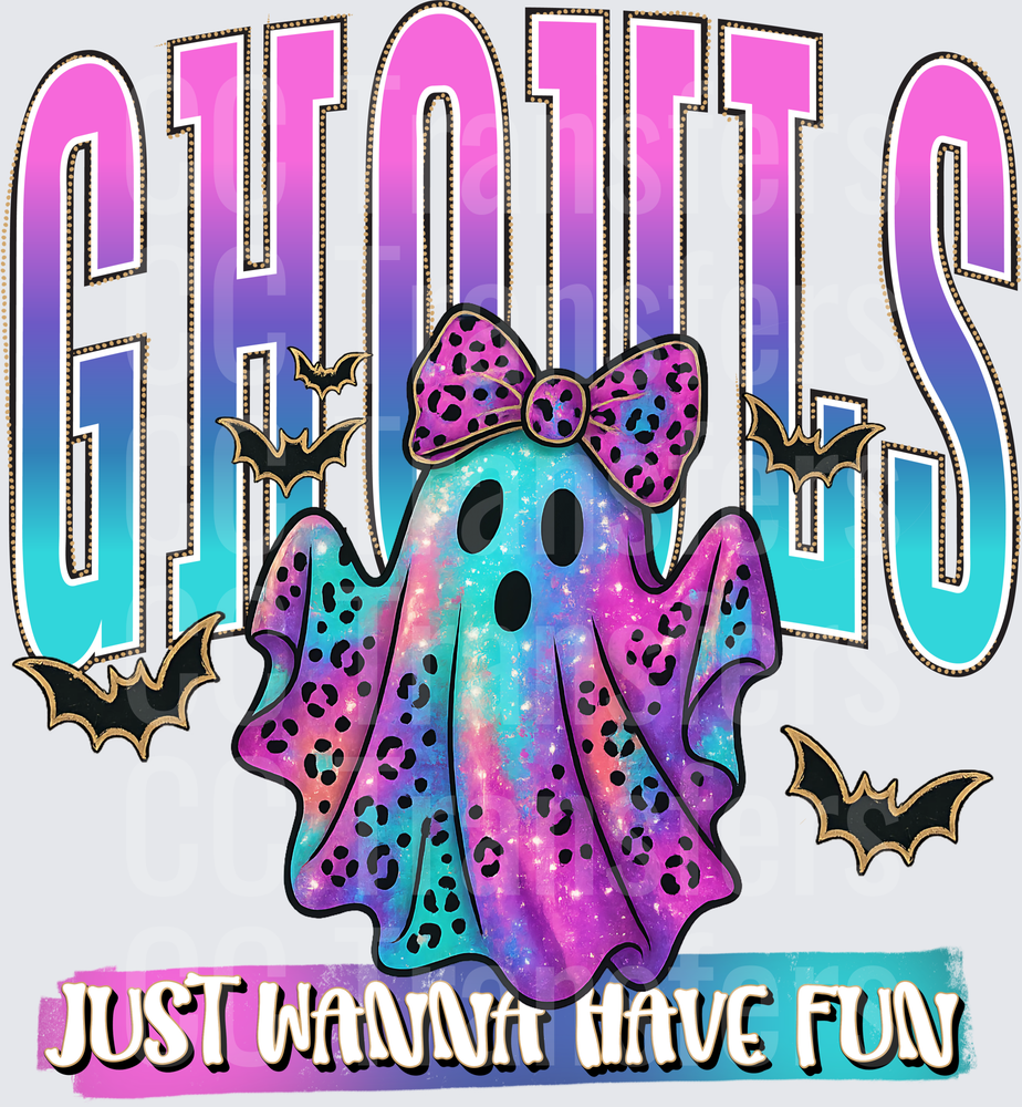 Ghouls Just Wanna Have Fun Galaxy Ghost Leopard Bow Bats (DTF)