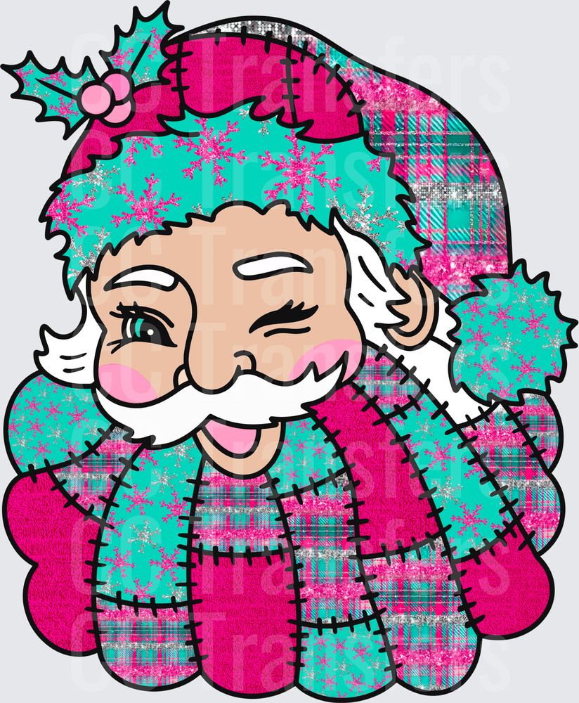 Winking Santa Pink Teal Plaid Patchwork Glitter (DTF)