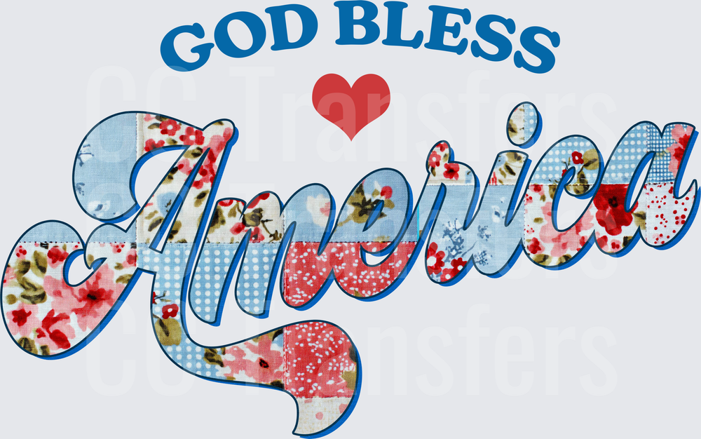 God Bless America Patchwork Floral Heart Design (DTF)