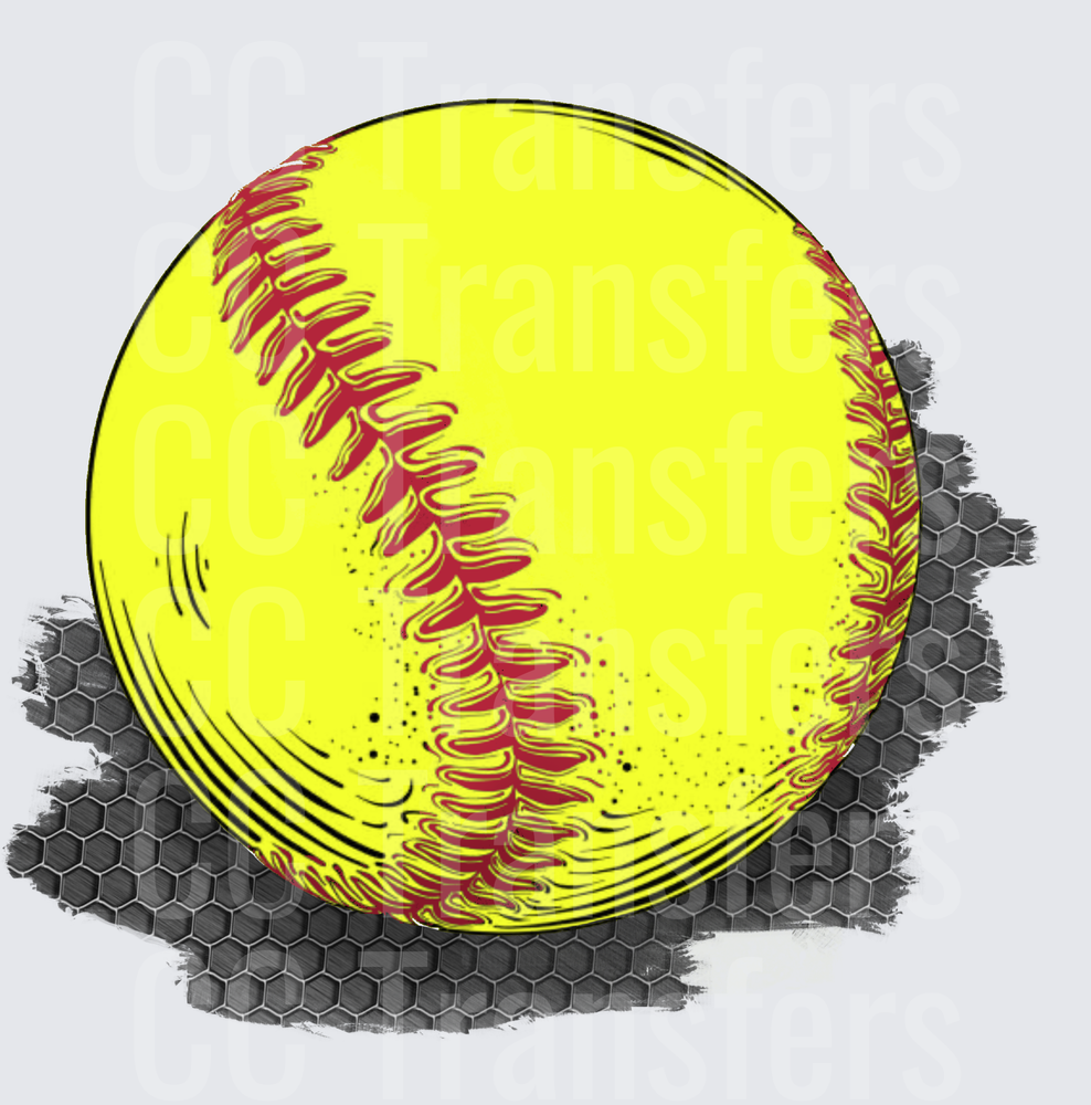 Neon Yellow Softball with Red Stitching Hexagon Grunge (DTF)